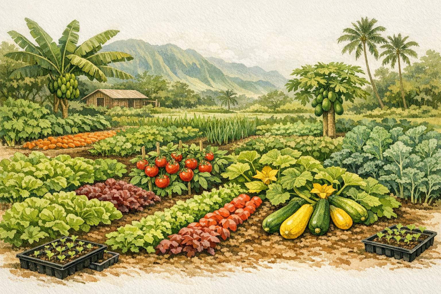 Illustrated Hawaiian garden rows with colorful vegetables and seedling trays
