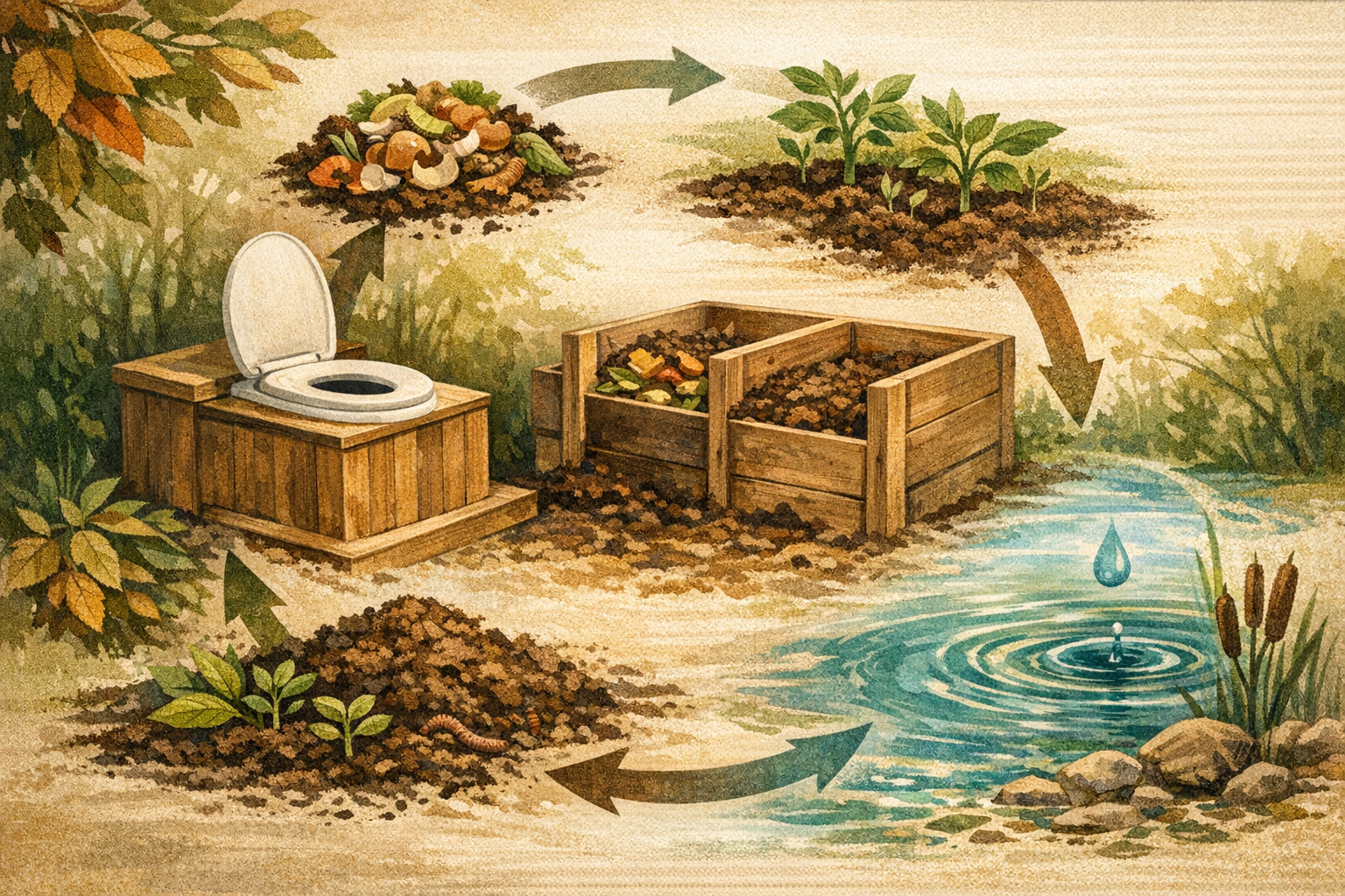 Illustrated composting toilet system with compost, seedlings, and water conservation cues