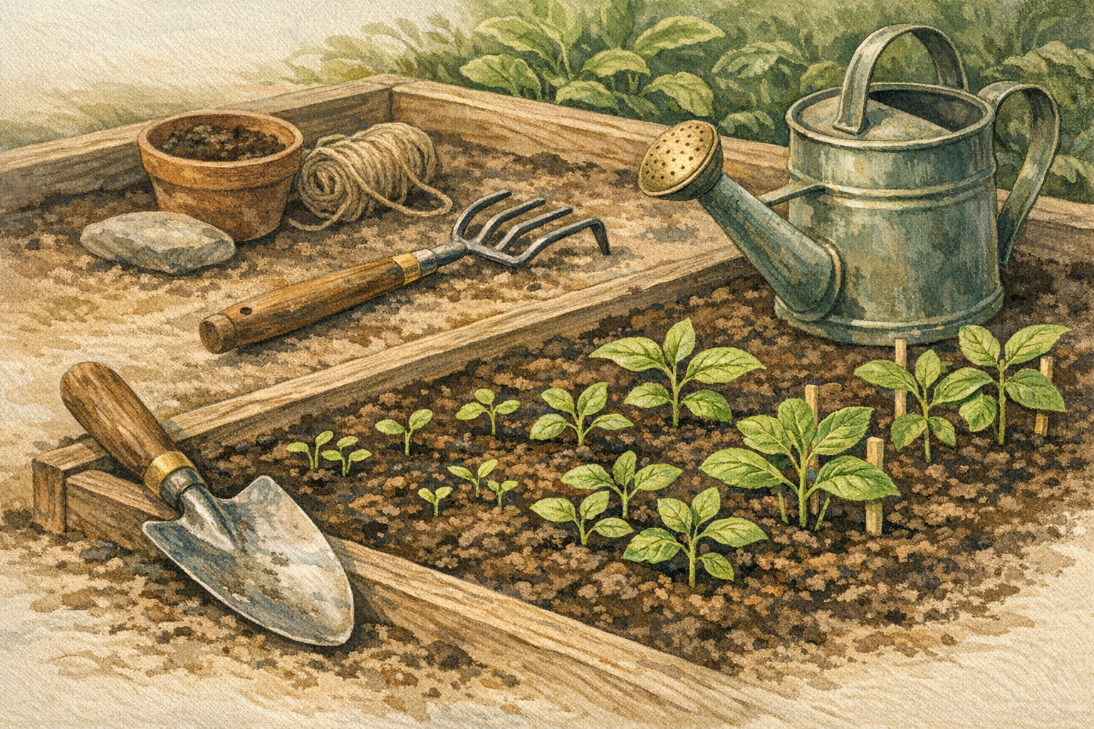 Illustrated garden tools, watering can, raised bed, and young plants