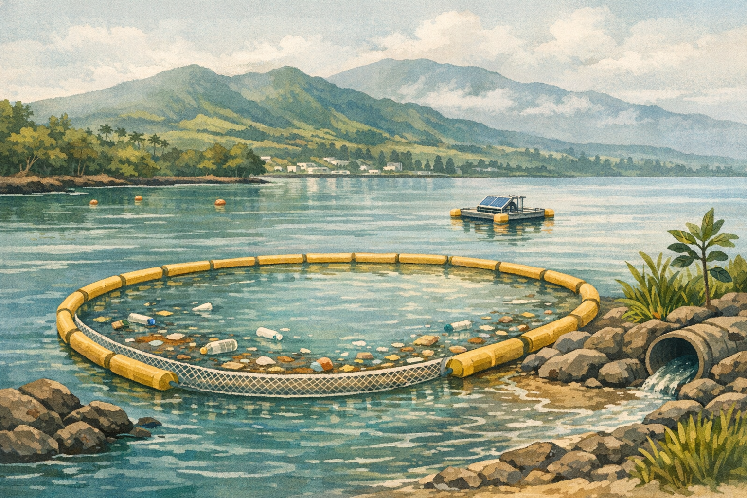 Illustrated Hilo Bay water protection scene with shoreline and mountains