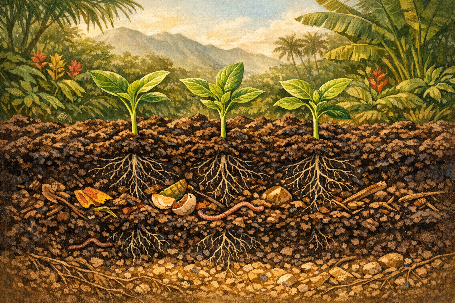 Illustrated Hawaii garden soil layers with roots and young seedlings