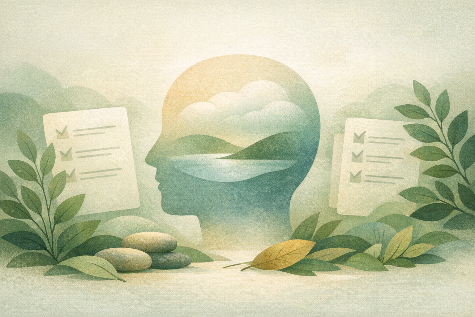 Calm illustrated mental health self-check with leaves and grounding imagery