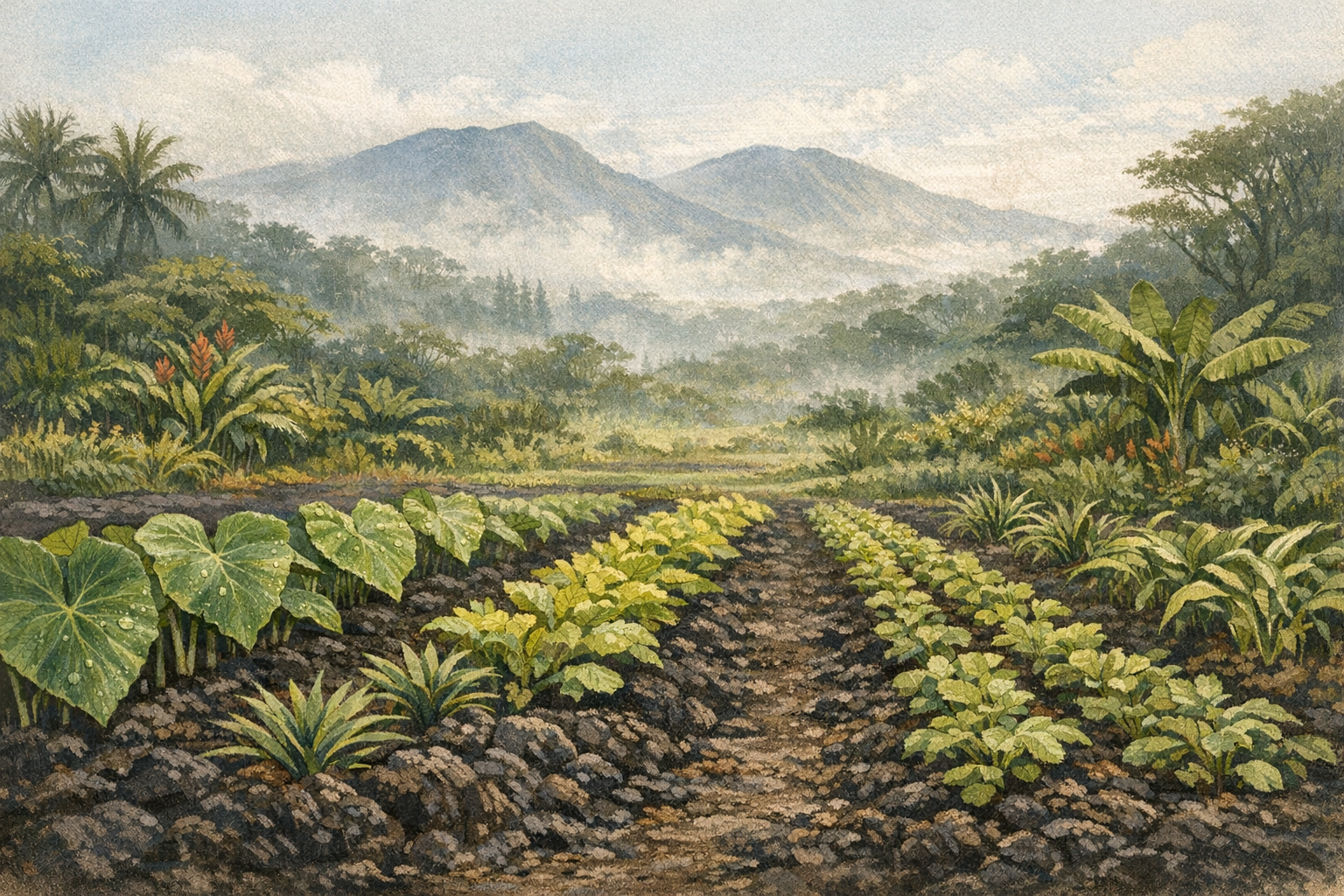 Illustrated Puna garden rows growing from dark volcanic soil