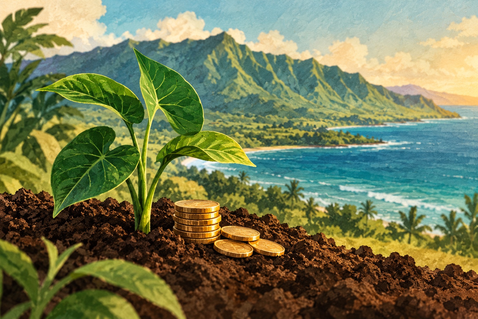 Illustration of a green seedling and coins in soil, with Hawaiʻi mountains and ocean behind them.